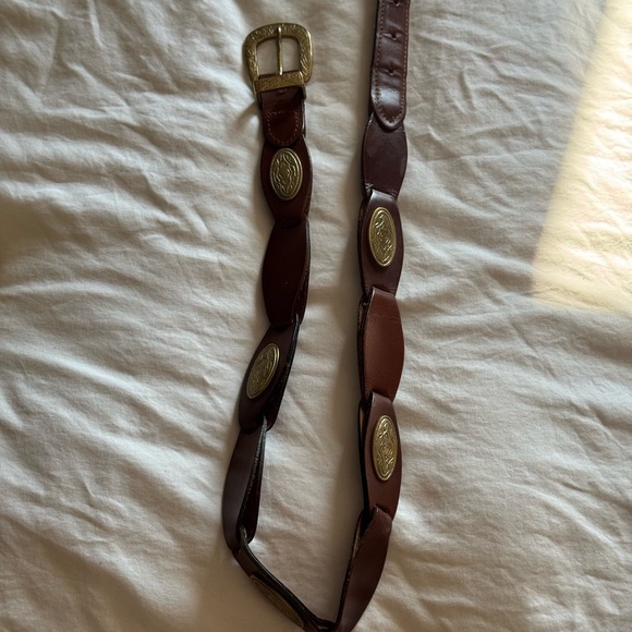 Vintage genuine Brown Leather Belt  ornate brass Buckle and decorative pieces - Picture 7 of 8